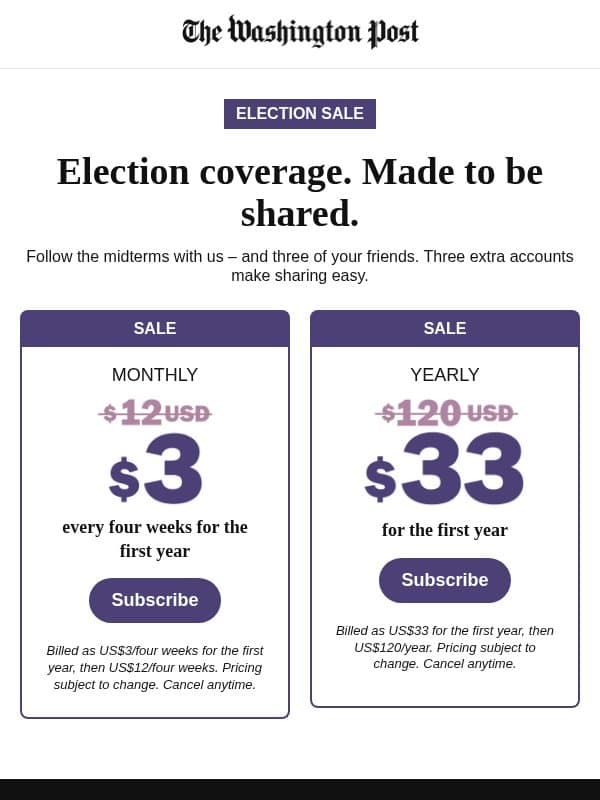The election countdown is on. Subscribe for US$3 every four weeks. email from The Washington Post