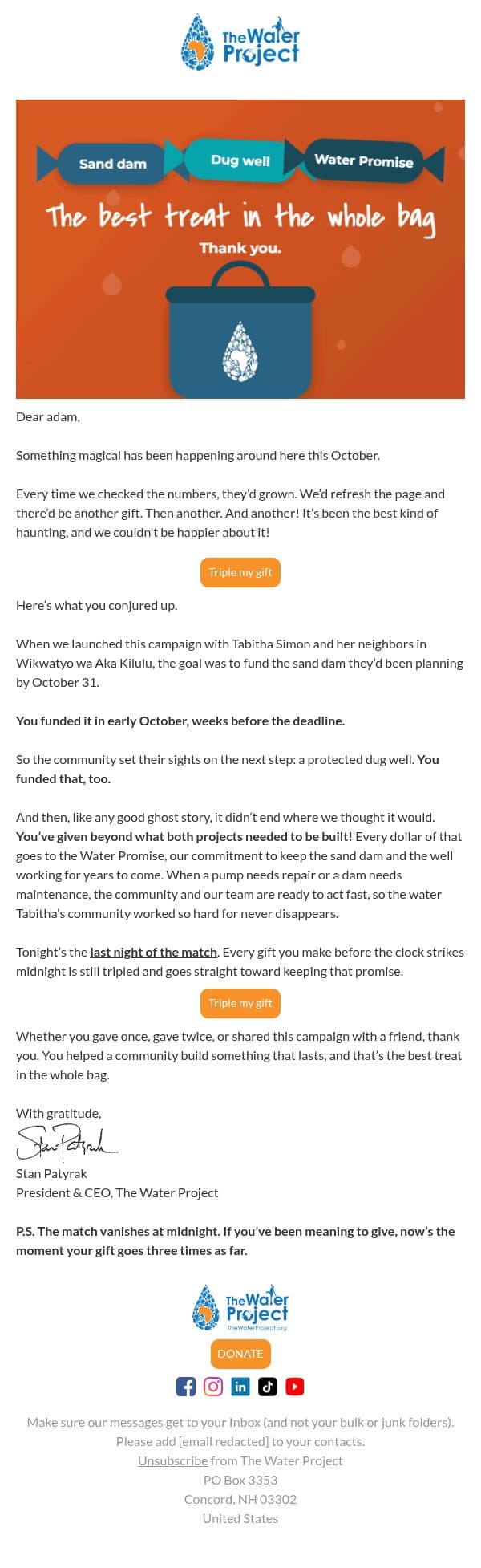 No tricks. Just a spooky-good thank you. email from The Water Project screenshot