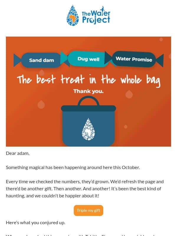 No tricks. Just a spooky-good thank you. email from The Water Project