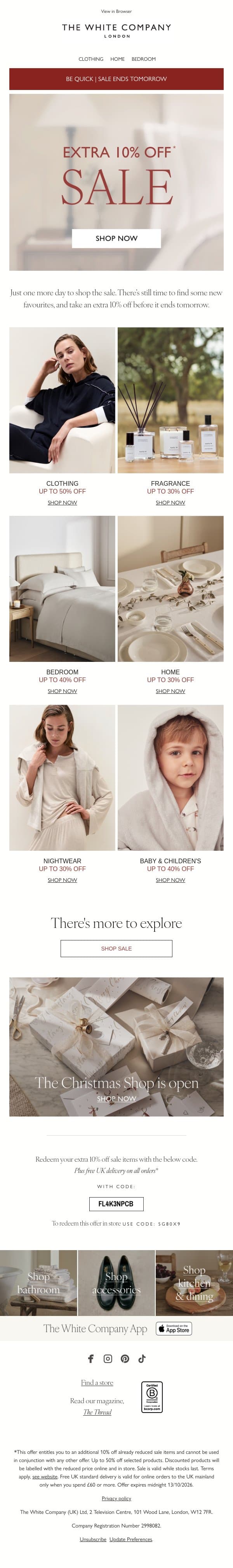 One day left! Extra 10% off sale email from The White Company screenshot