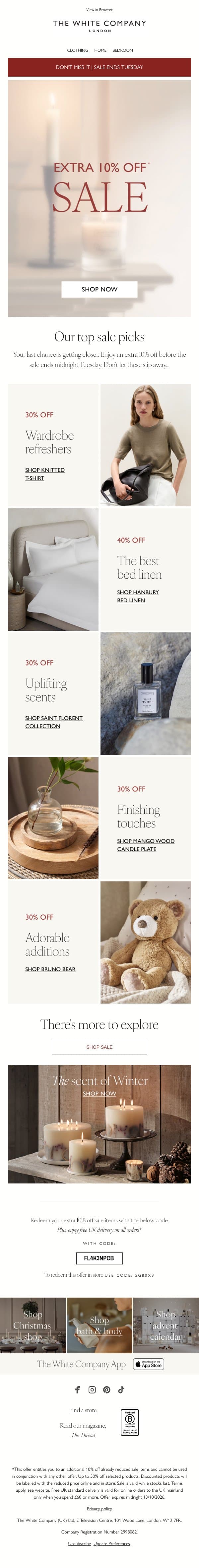 Extra 10% off | Final days of sale email from The White Company screenshot
