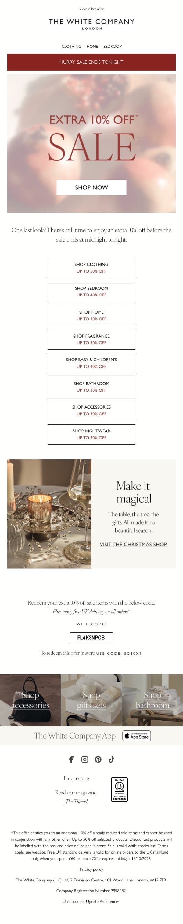 Sale ends tonight | Extra 10% off email from The White Company screenshot