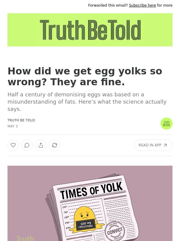 How did we get egg yolks so wrong? They are fine. email from The Whole Truth Foods
