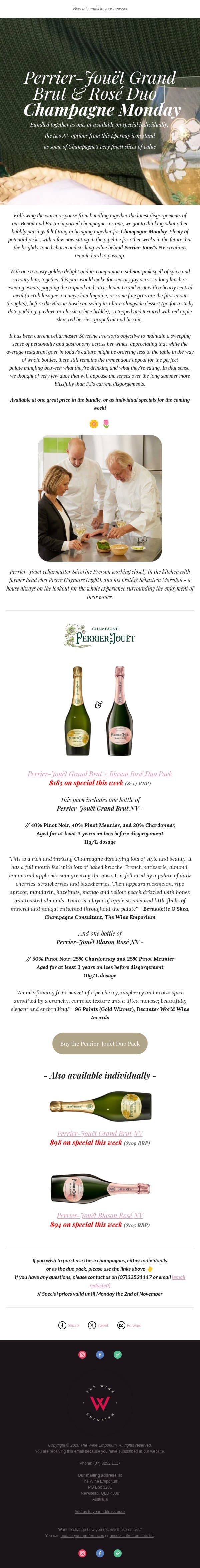 🧑‍🎨 Perrier-Jouët Brut + Rosé Pack - Champagne Monday email from The Wine Emporium screenshot