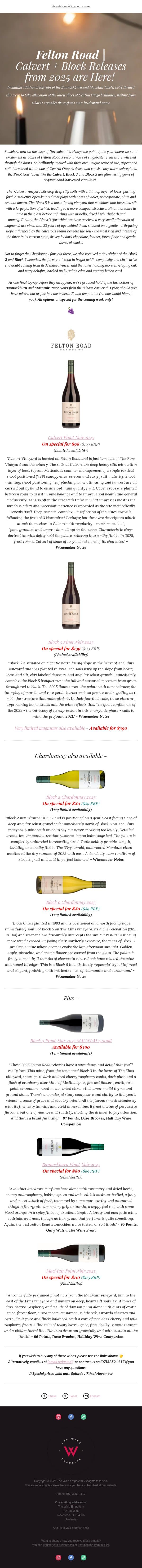 🍎 Fresh from Felton Rd | Calvert + Blocks Here & on Special! email from The Wine Emporium screenshot