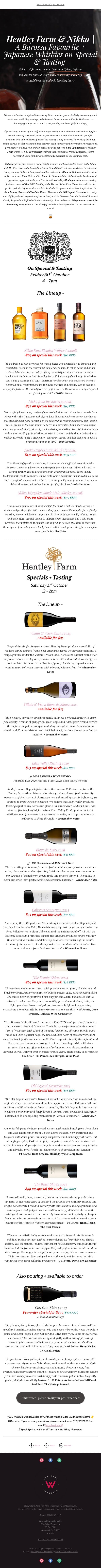 ♠️ Hentley Farm + Nikka Whisky | Specials & Tastings! email from The Wine Emporium screenshot