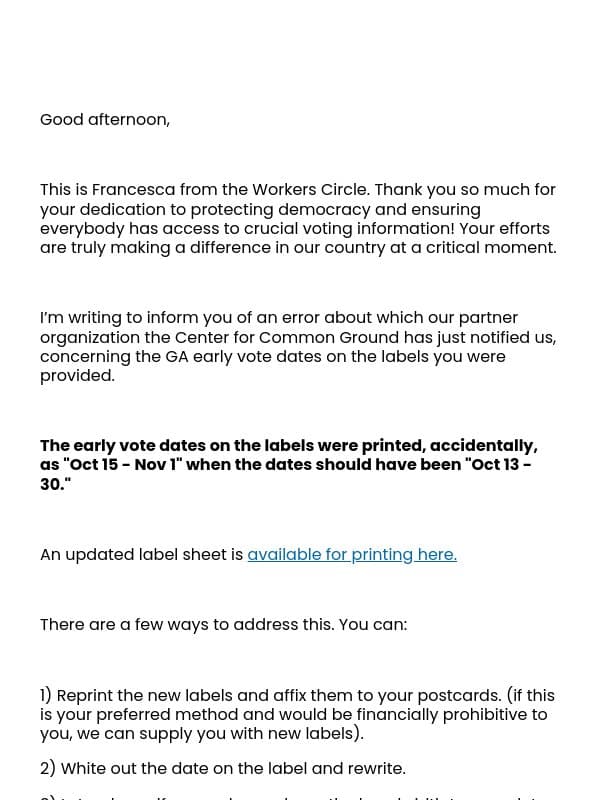 Important Information about GA Postcards email from The Workmen's Circle