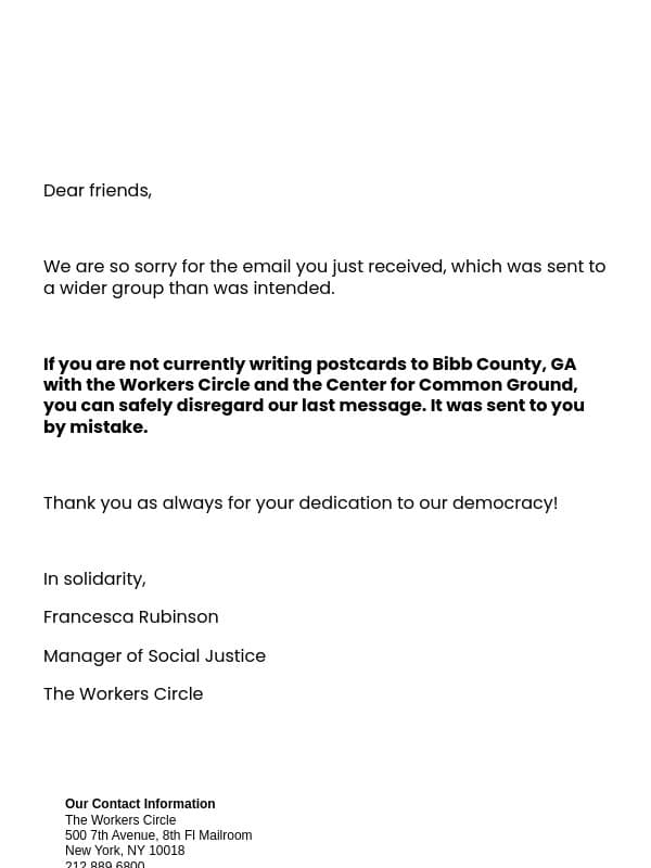 *Update and Correction* - GA Postcarding Correction email from The Workmen's Circle