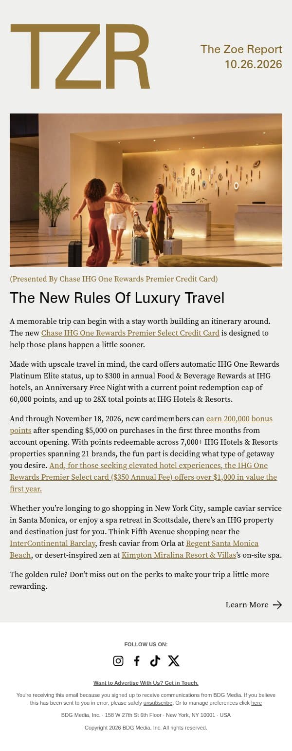 A New Way To Plan Your Next Great Stay email from The Zoe Report screenshot