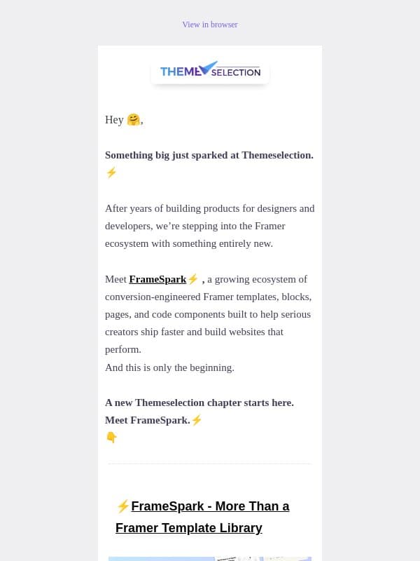 FrameSpark - Everything You Need to Ship Faster in Framer ๐ email from ThemeSelection