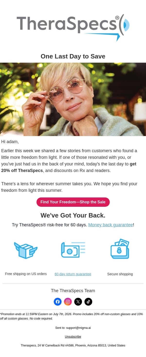 Today's the last day—20% off TheraSpecs email from TheraSpecs screenshot