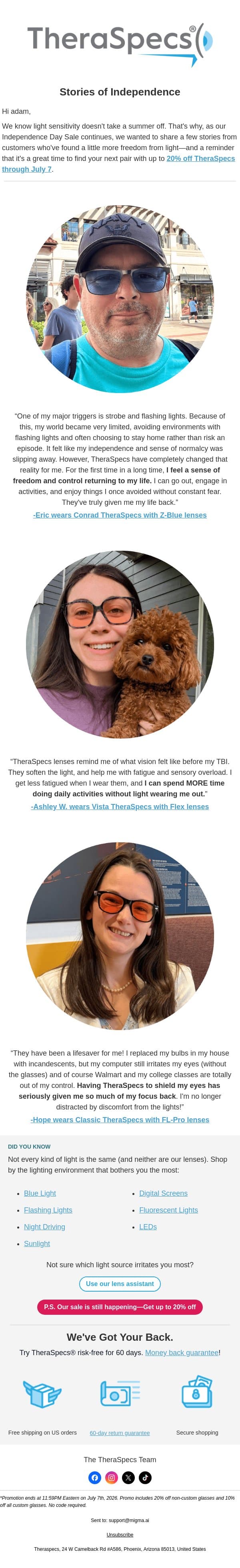 20% off TheraSpecs + stories worth reading email from TheraSpecs screenshot