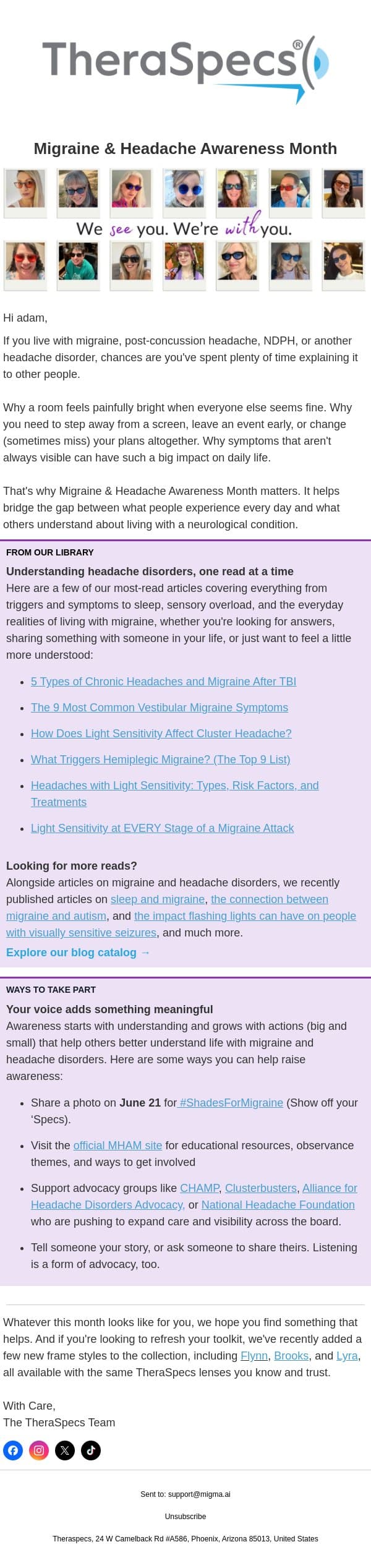 π Migraine & Headache Awareness Month π email from TheraSpecs screenshot