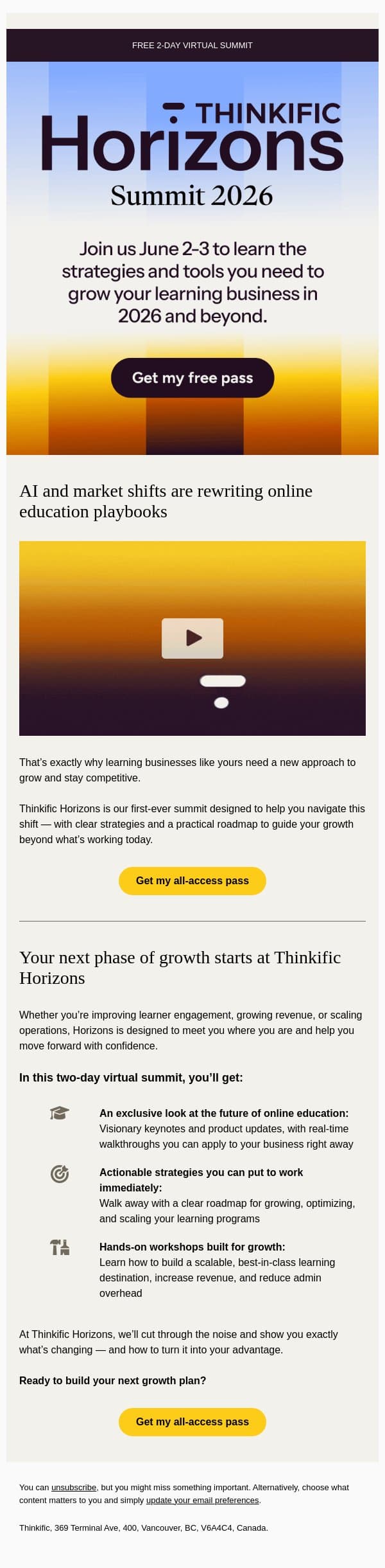 Just announced: Thinkific Horizons 🌅 email from Thinkific screenshot