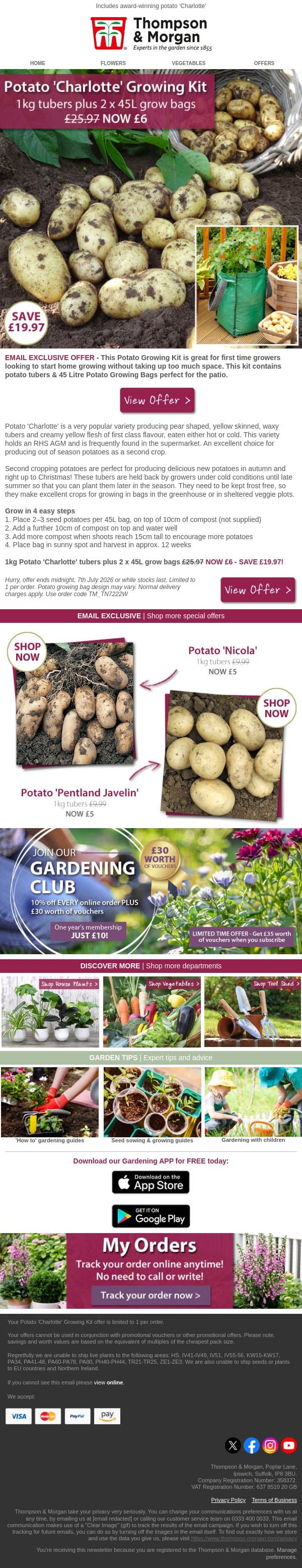 Potato Patio Kit ONLY £6 email from Thompson & Morgan screenshot