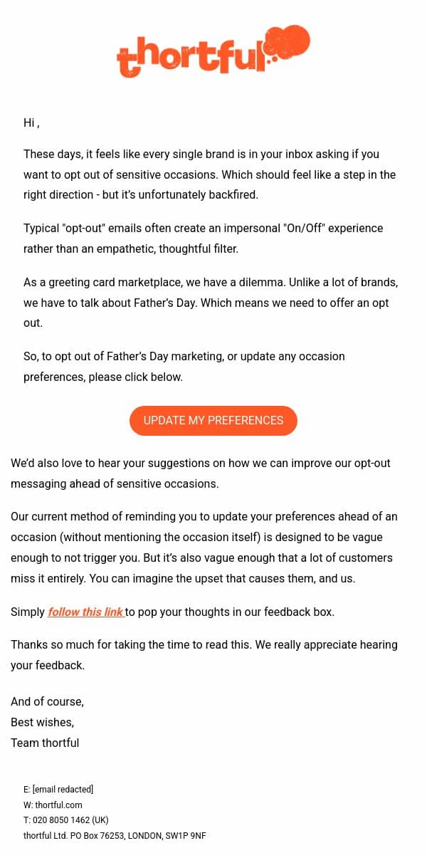 Update your preferences, email from Thortful screenshot