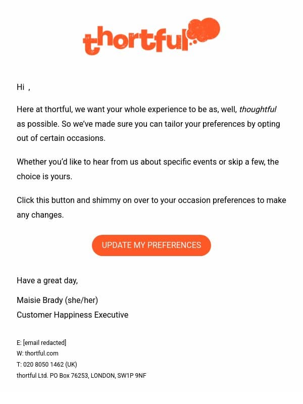 Update your preferences email from Thortful