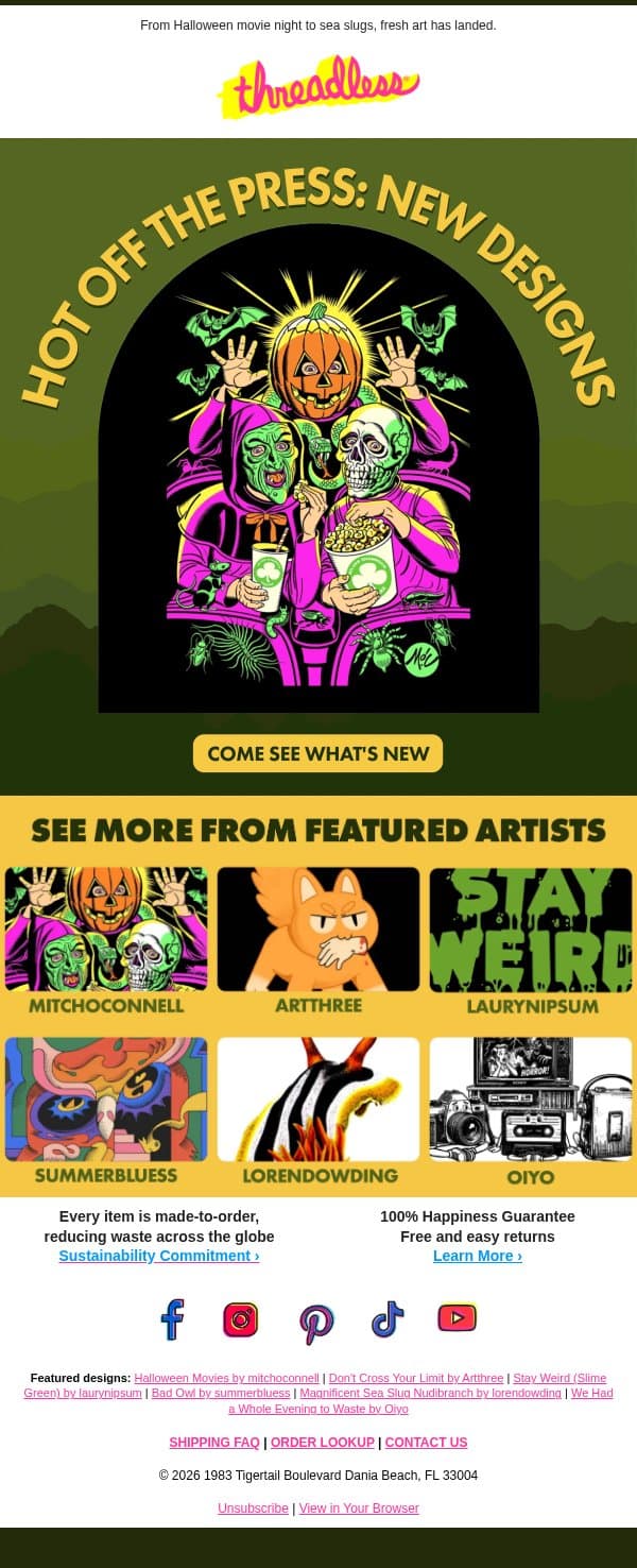 Hot off the press: new designs just dropped 🔥 email from Threadless screenshot