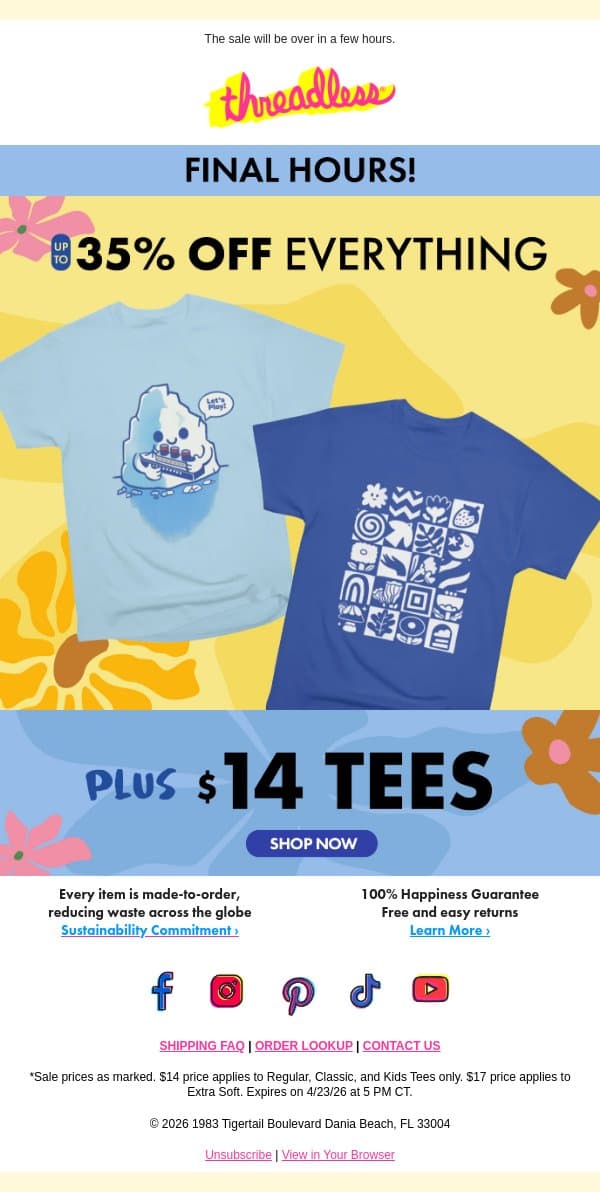 Today: Up to 35% Off. Tomorrow: 🤷 email from Threadless screenshot
