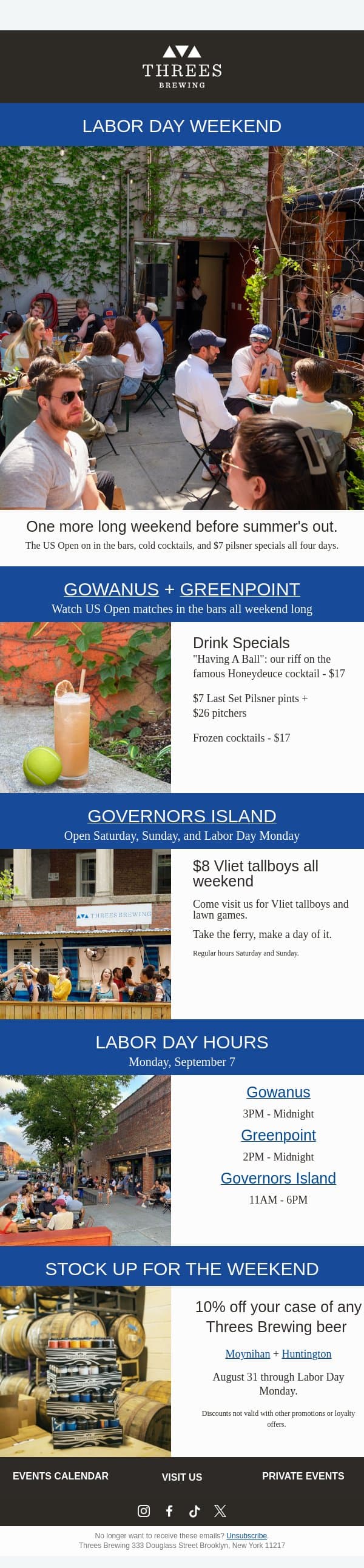 Your Labor Day, sorted 🎾🍻 email from Threes Brewing screenshot