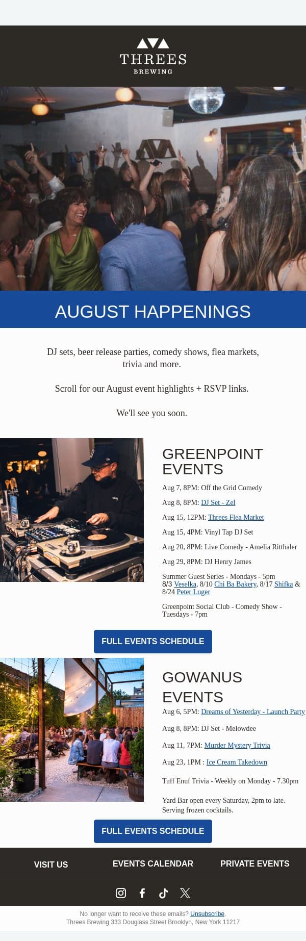 Our August Events Lineup email from Threes Brewing screenshot