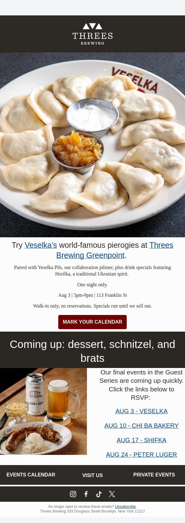 Veselka Pierogies at Threes Brewing Greenpoint email from Threes Brewing screenshot