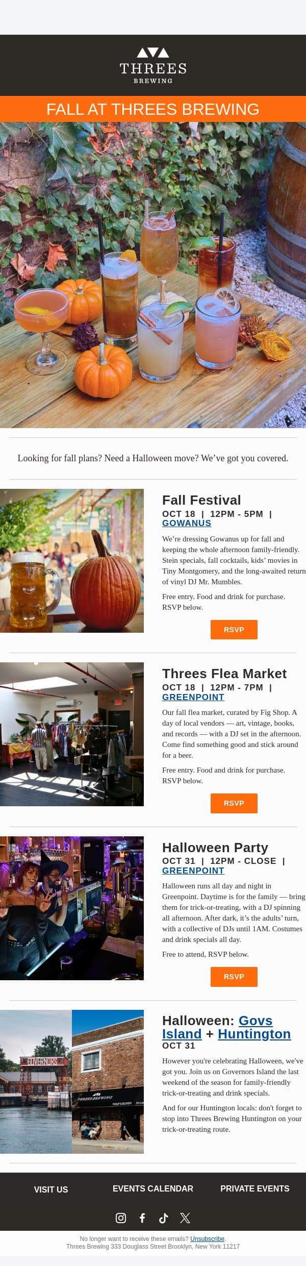 Fall Festival, Flea Market + Halloween Plans email from Threes Brewing screenshot