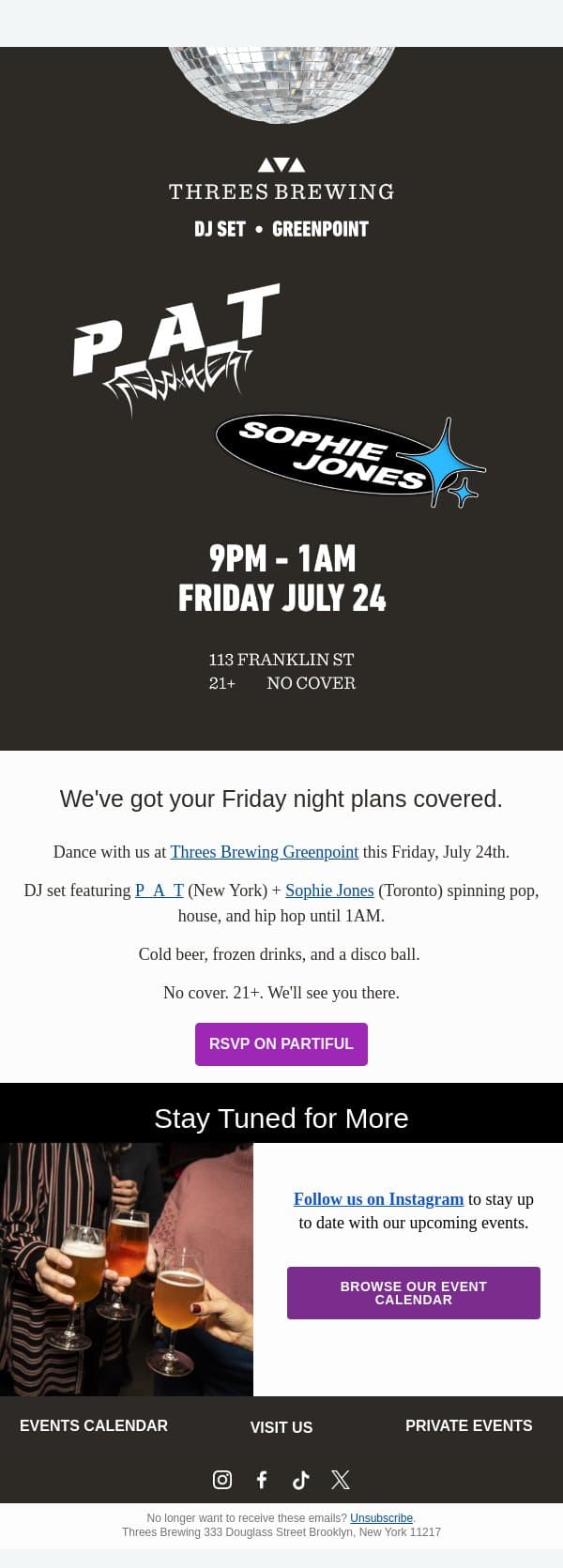 DJ Night at Greenpoint: This Friday 🪩 email from Threes Brewing screenshot