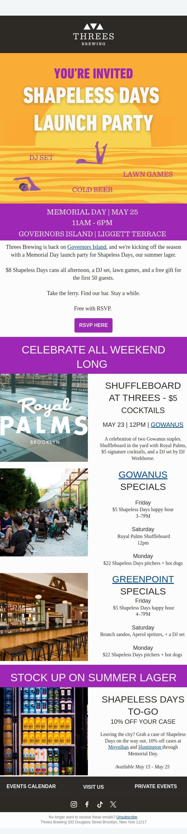 Your Memorial Day Plans, sorted ☀️🍻 email from Threes Brewing screenshot