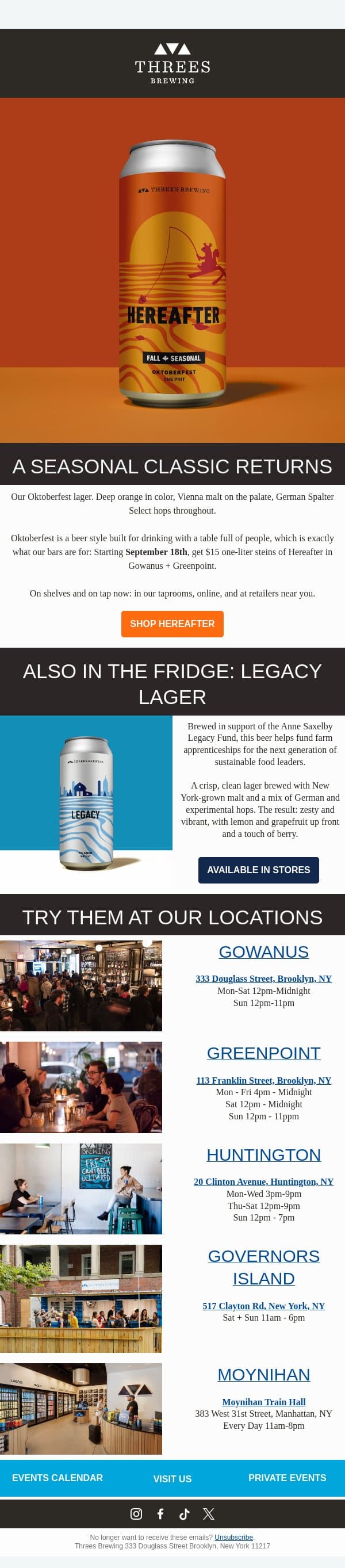 Stein season is coming. Hereafter is back. 🍺 email from Threes Brewing screenshot