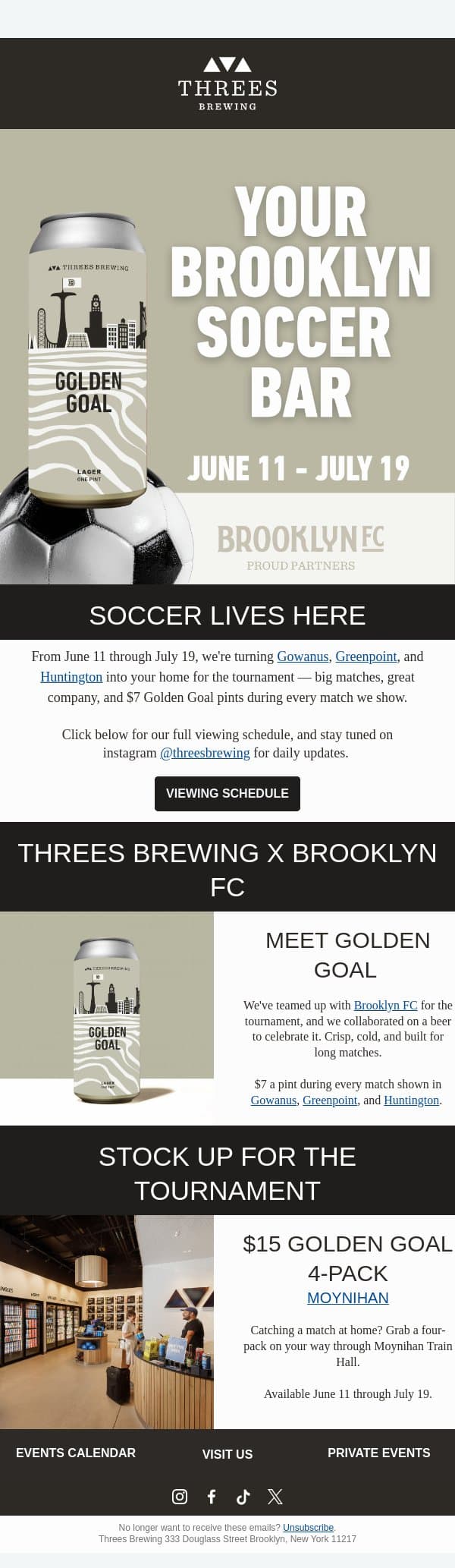 Threes Brewing is your Brooklyn Soccer Bar email from Threes Brewing screenshot