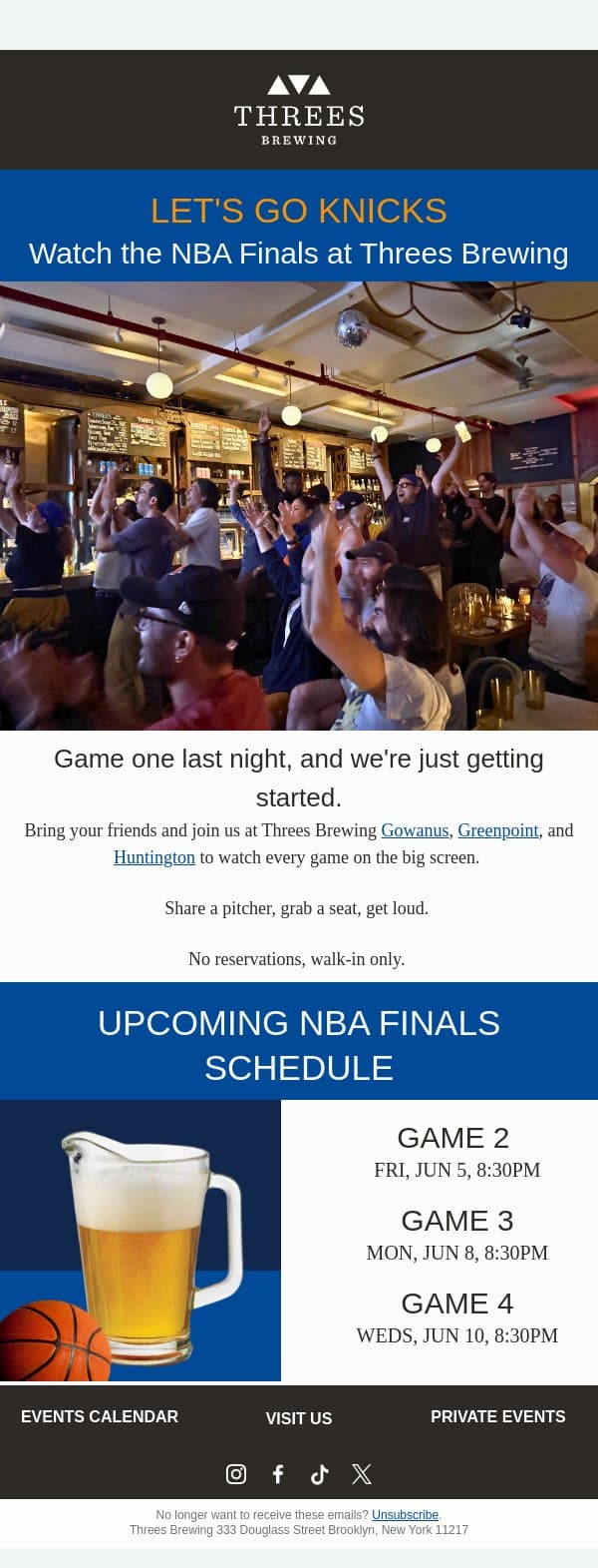 Join Us for the NBA Finals 🏀 email from Threes Brewing screenshot