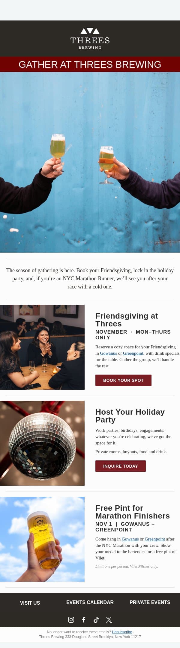 Friendsgiving + Holiday Parties at Threes Brewing email from Threes Brewing screenshot