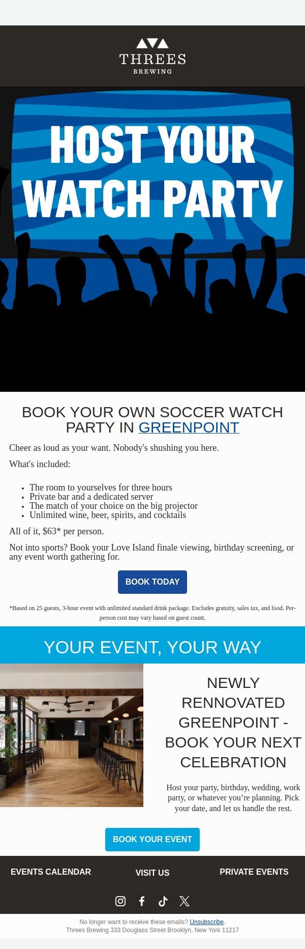 Book a Private Watch Party - World Cup ⚽ email from Threes Brewing screenshot