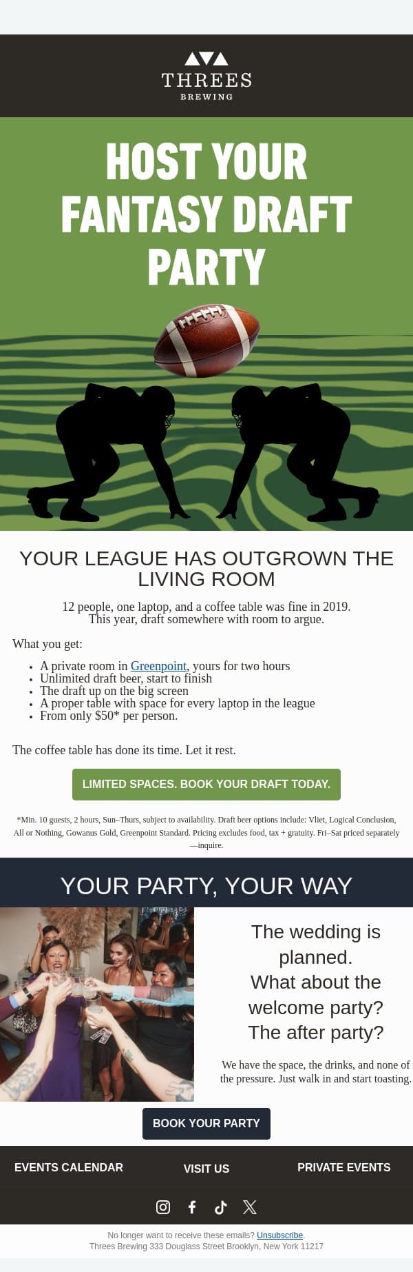 Ultimate Fantasy Draft Party π email from Threes Brewing screenshot