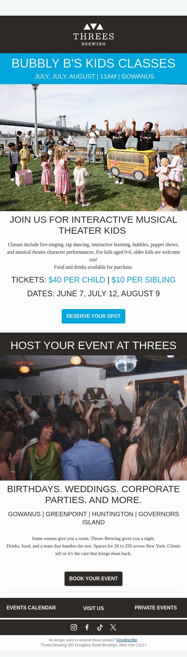 Fun Kids Classes Coming Soon! email from Threes Brewing screenshot