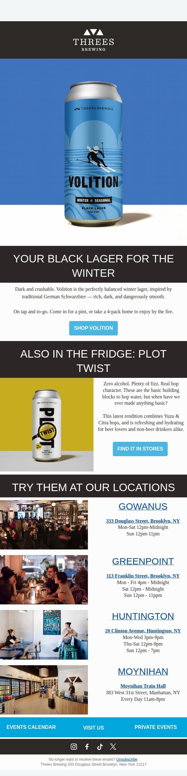 Winter is coming. Meet your black lager. email from Threes Brewing screenshot