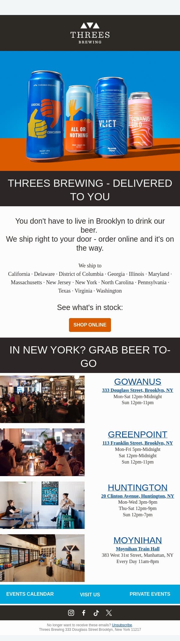Brooklyn beer, delivered to you email from Threes Brewing screenshot