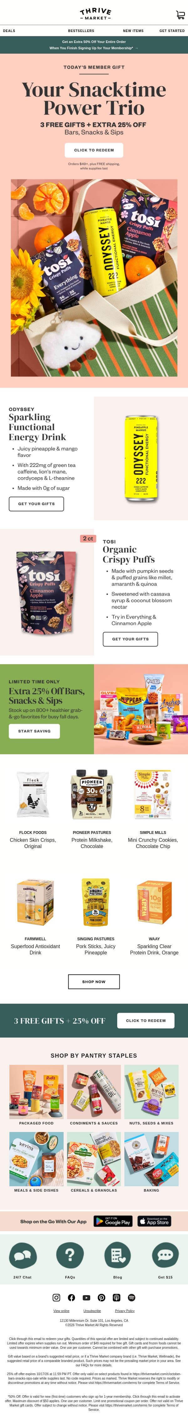 🍍 3 FREE gifts + EXTRA 25% off bars, snacks & sips email from Thrive Market screenshot