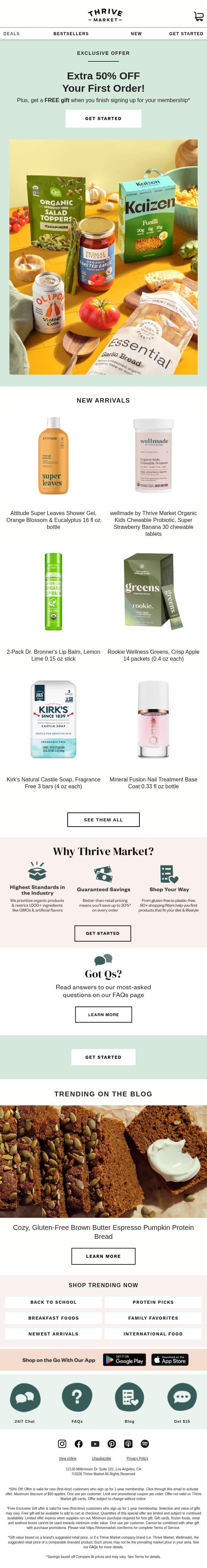 Open for an EXTRA 50% off groceries 🎉 email from Thrive Market screenshot