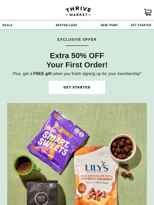 50% off your order to stock a healthier home email from Thrive Market
