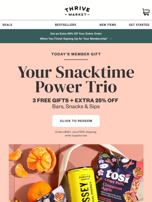 🍍 3 FREE gifts + EXTRA 25% off bars, snacks & sips email from Thrive Market
