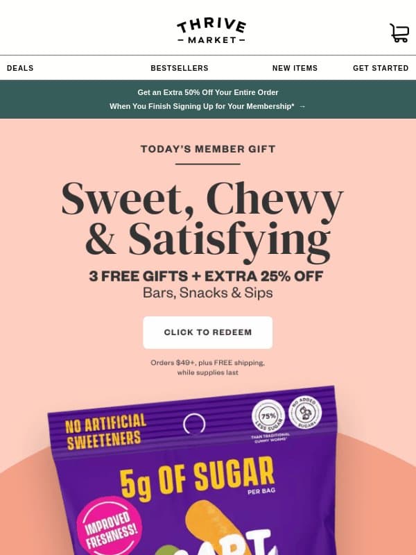 3 FREE sweet snacks + EXTRA 25% off email from Thrive Market