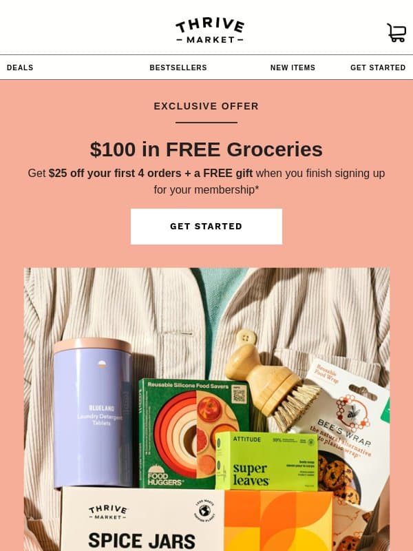 Save BIG with your $100 in FREE groceries offer email from Thrive Market