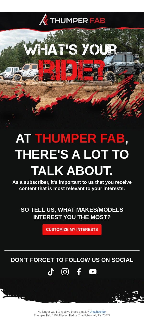 What's your ride? 🏎️💨 email from Thumper Fab screenshot