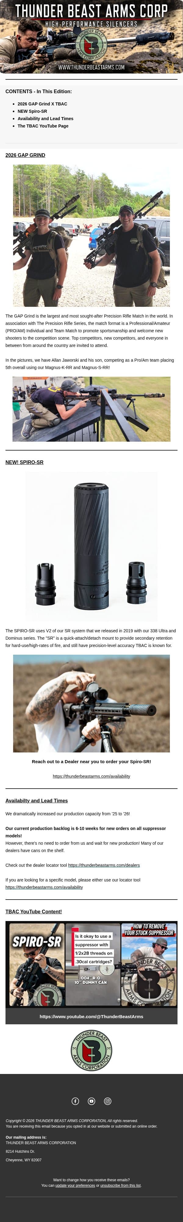 TBAC News: Gap Grind 26', Spiro-SR, & Lead Times email from Thunder Beast Arms screenshot