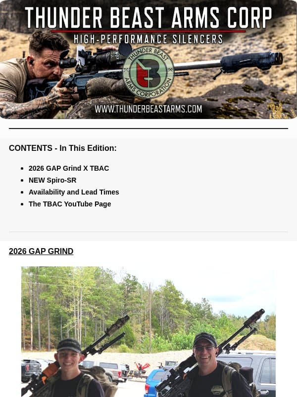 TBAC News: Gap Grind 26', Spiro-SR, & Lead Times email from Thunder Beast Arms