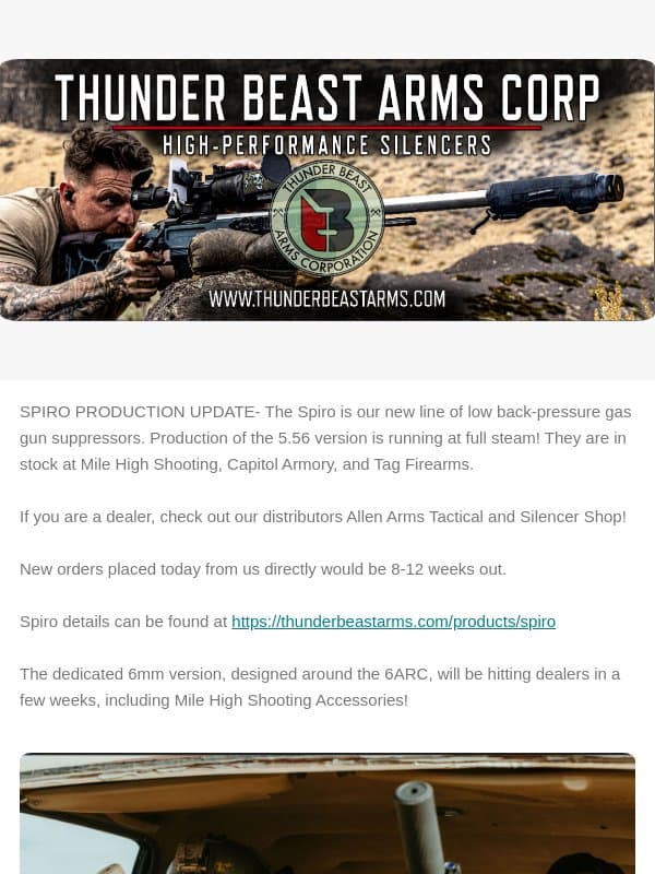TBAC Spiro and Production Update email from Thunder Beast Arms