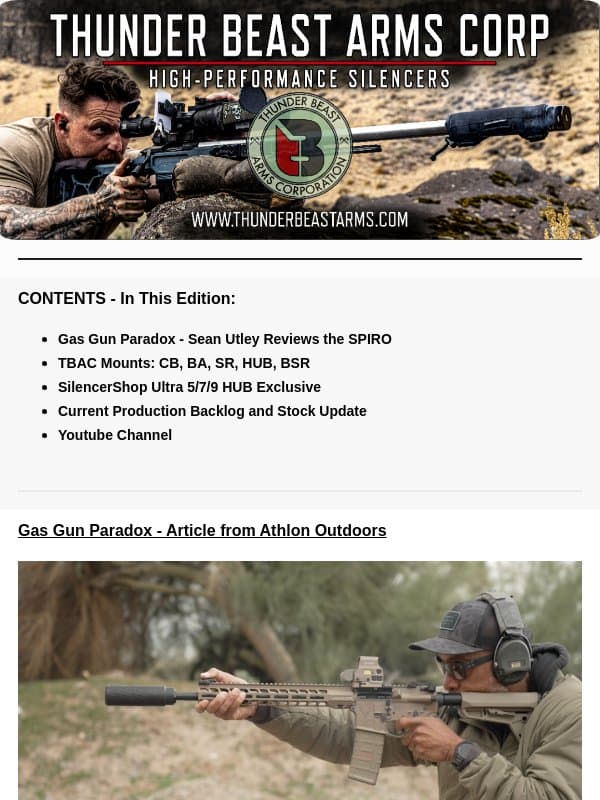 TBAC News: Sean Utley reviews the SPIRO, TBAC Mounts, SilencerShop Ultra-HUB exclusive email from Thunder Beast Arms