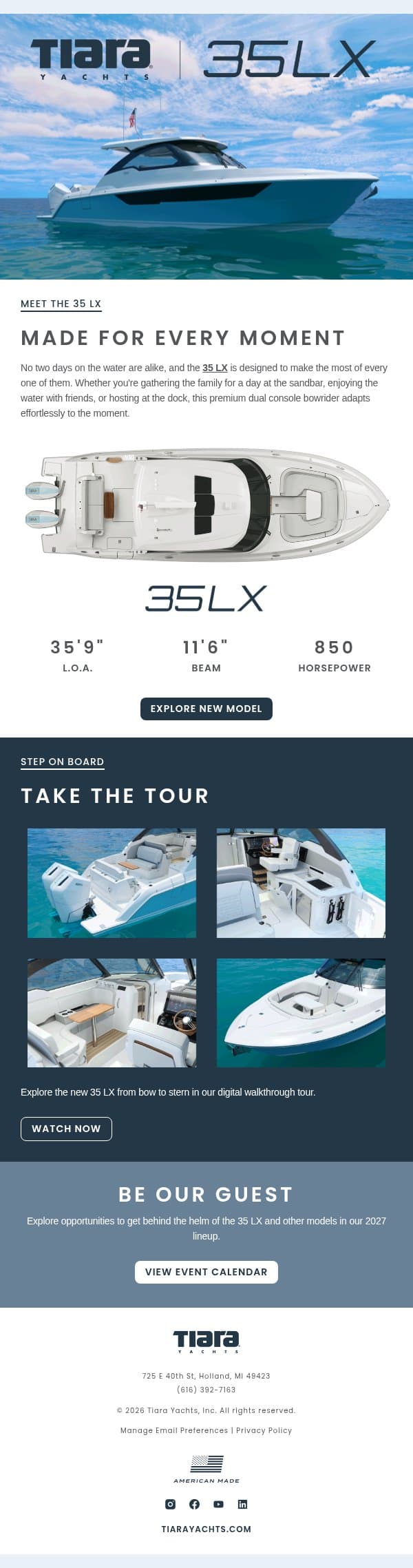 Introducing the 35 LX: One Boat Made for Every Moment email from Tiara Yachts screenshot